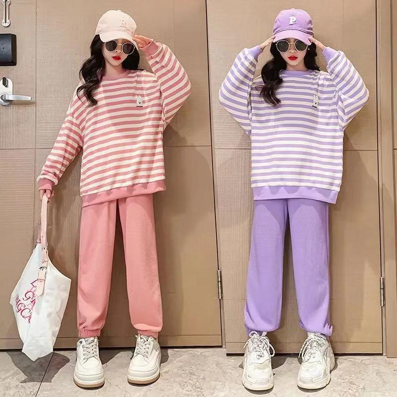 

Stylish Striped Sweatshirt And Pants Children s Sportsuit For Spring And Autumn Korean Version 2-Piece Set For Girls 170 рожевий