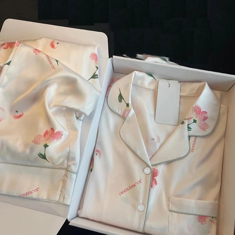 High Quality Light Luxury Ice Silk Pajamas Women's Pajama Spring and Autumn Style Long Sleeve Home Set Nightwear