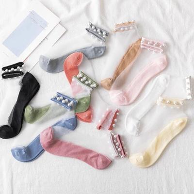 5Pairs Women's Socks and Ankle Women's Breathable Thin Pearl Summer Transparent Glass Fiber Silk Cotton Socks Lace Elastic Ankle