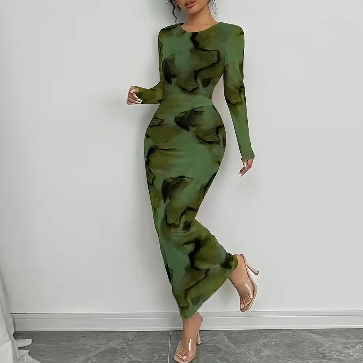 

Women s Long Sleeve Camo Print Bodycon Midi Dress Solid Green Casual Dress S зелёный