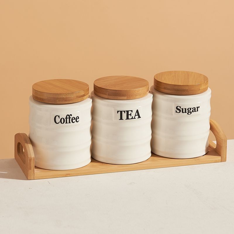 3PCS Ceramic Storage Jars Set with Bamboo Lid for Coffee Sugar Tea - Kitchen Airtight Canisters & Organizers - Home Baking Suppl