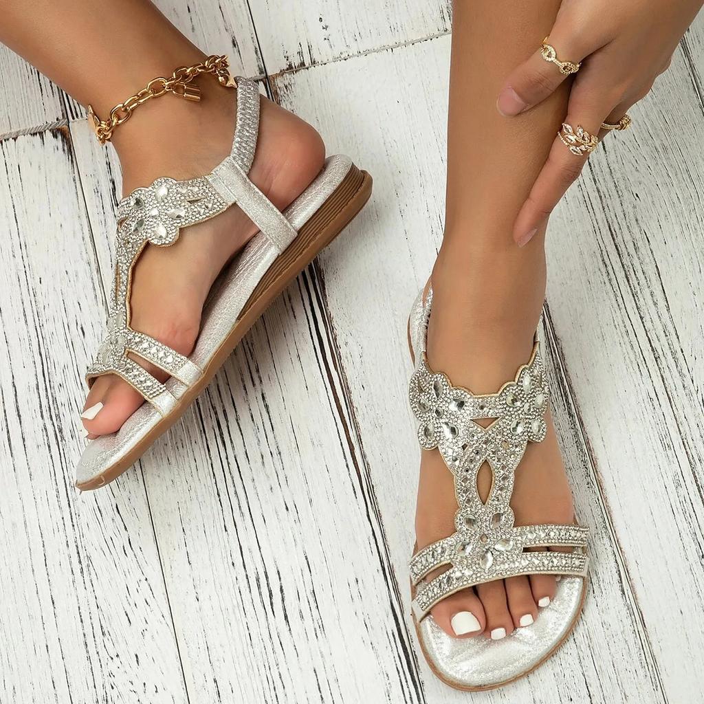 Strass Sandalen Voor Dames Met Elastische Enkelband Boheemse Strand Schoenen Mode Kristal Bloem Casual Open Teen Schoenen