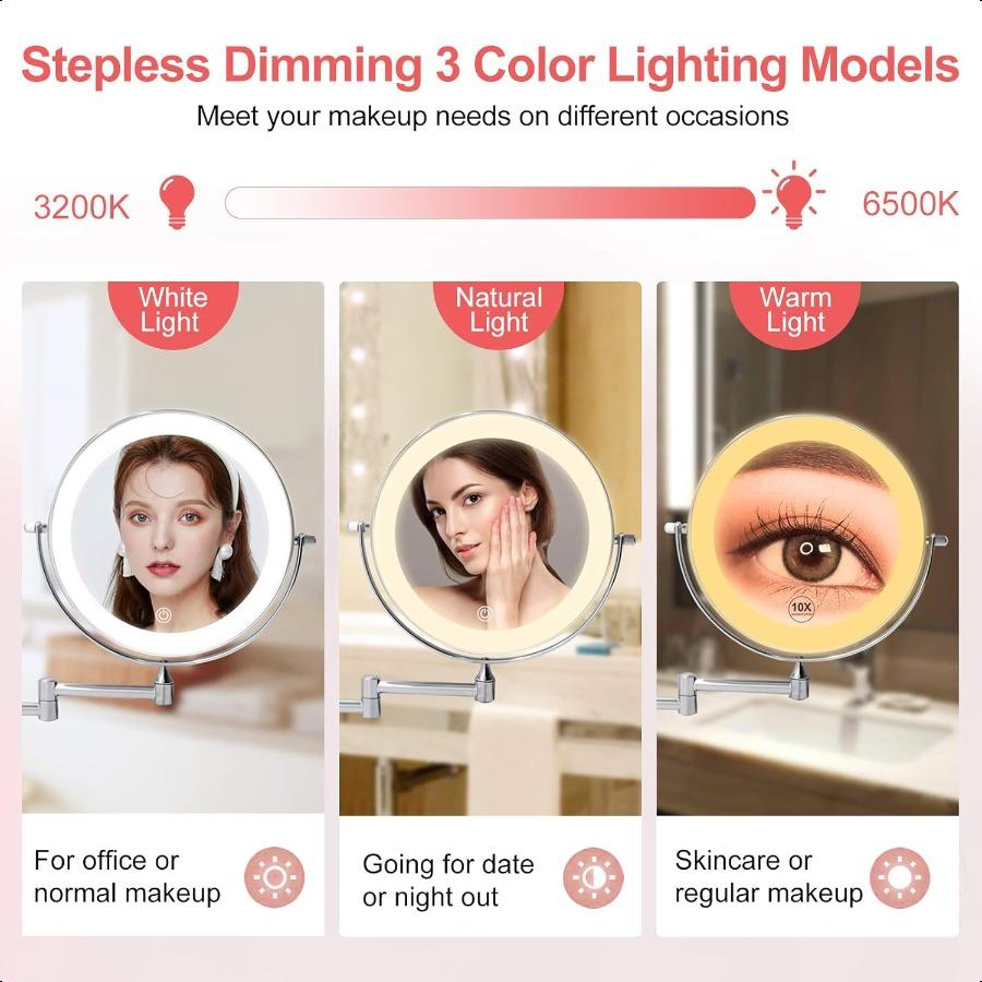 Rechargeable Wall Mounted Lighted Makeup Vanity Mirror 8 Inch Double Sided 1X 10X Magnifying Bathroom Mirror 3 Color Lighting T