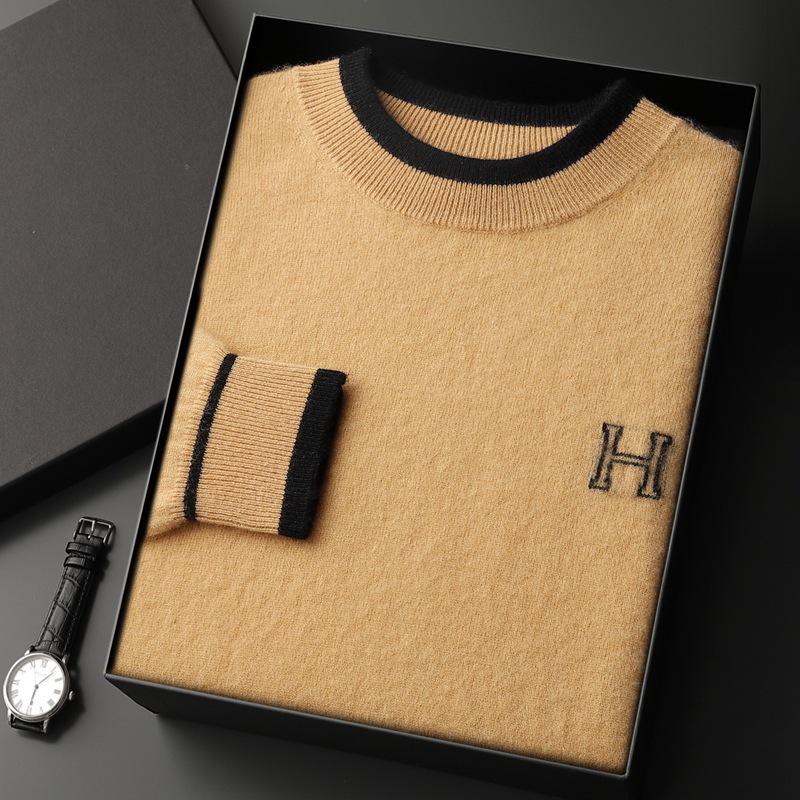 Мужской кашемировый свитер с круглым вырезом и вышитой надписью - Длинный рукав, вязаный пуловер S