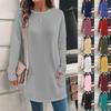 Blusa informal de manga larga con cuello redondo y bolsillos de color liso a la moda para mujer