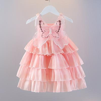 Girls Sweet Pompadour Dress Summer Children Princess Dress Halter Butterfly Wings Cake Dress
