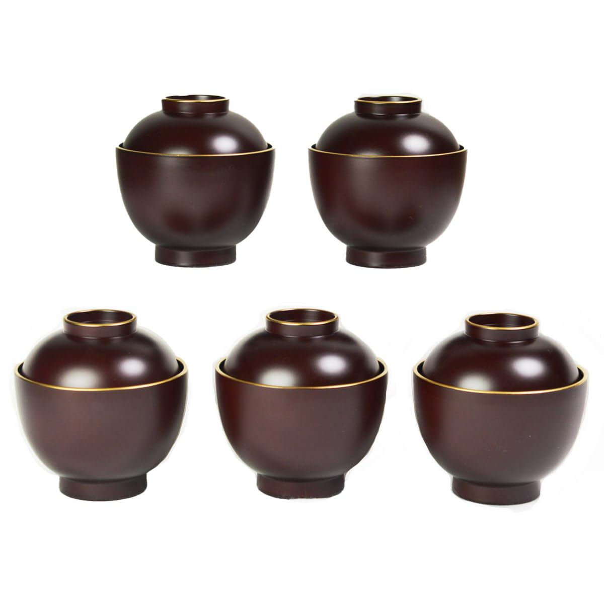Traditional Honpo Soup Bowls, Dark Brown with Gold Line, Dishwasher and Microwave Safe, Set of 5. Perfect for Zenzai, Soup, Miso Soup, and Zoni. Ideal