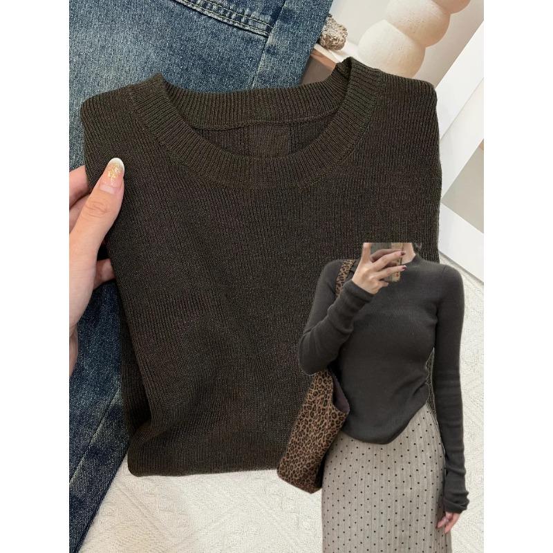 Grey soft waxy round neck pullover bottoming sweater knitted sweater women's spring slim and thin inner shoulder top