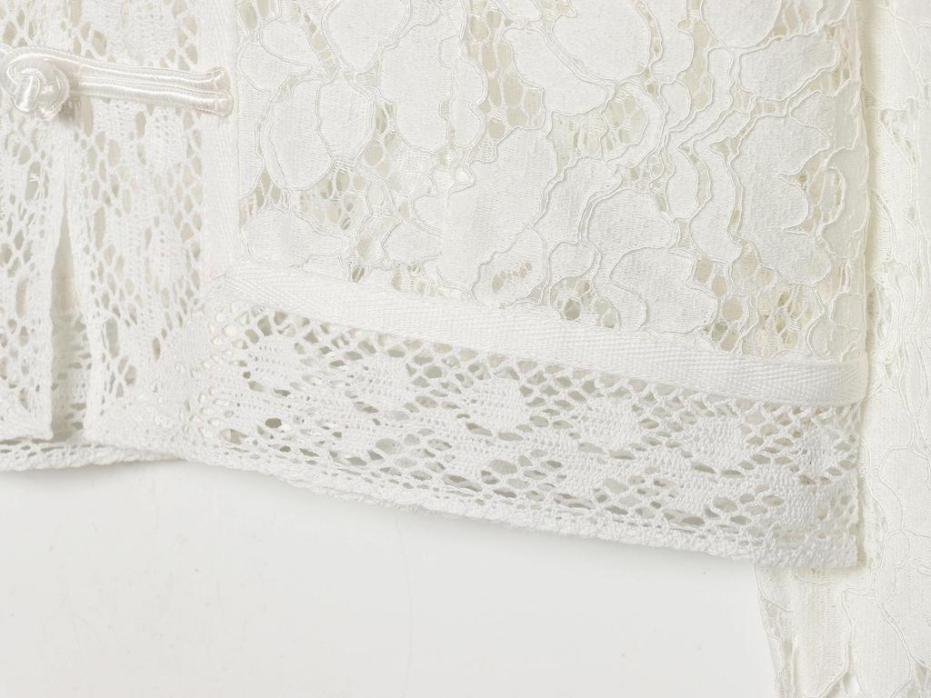 Elegant French Design Women's Lace Crochet Blouse with Stand Collar and Frog Button Detailing