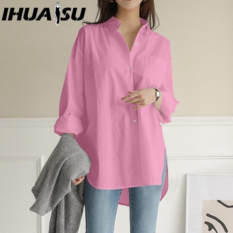 IHUASU Women's Fashion Casual Solid Color Print Long Sleeve POLO Neck Blouses & Shirts