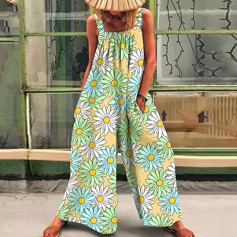 2026 Summer Plus-Size Women's Printed Strappy Wide-Leg Jumpsuit