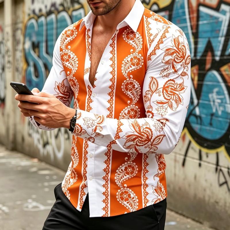Men's long-sleeved collared shirt, ethnic print, flowy shirt, plus size street style casual cardigan top