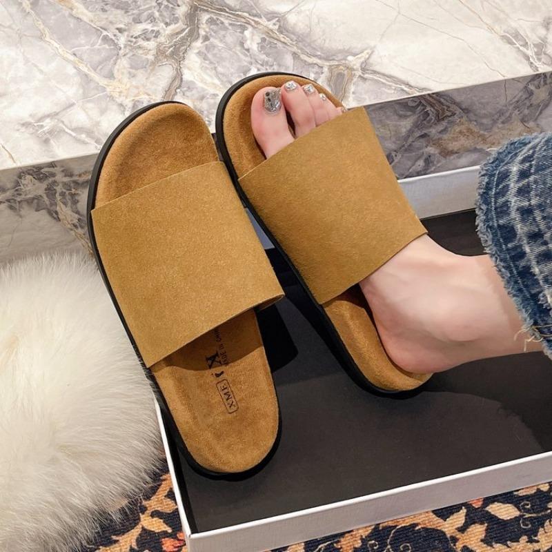

Retro color one-pedal flat-bottomed slippers women s new one-character round head outer slippers women s beach shoes 40 коричневый