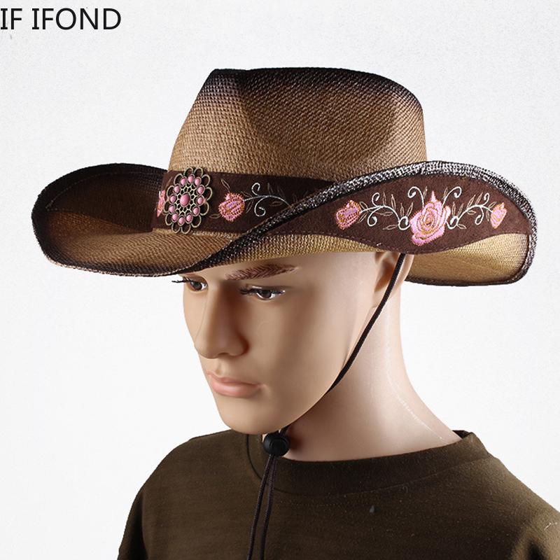 Mode Stickerei Stroh Western Cowboy Hut Für Männer Frauen Sommer Strand Jazz Sonnenhut Cowgirl Sombrero Hombre Kappe