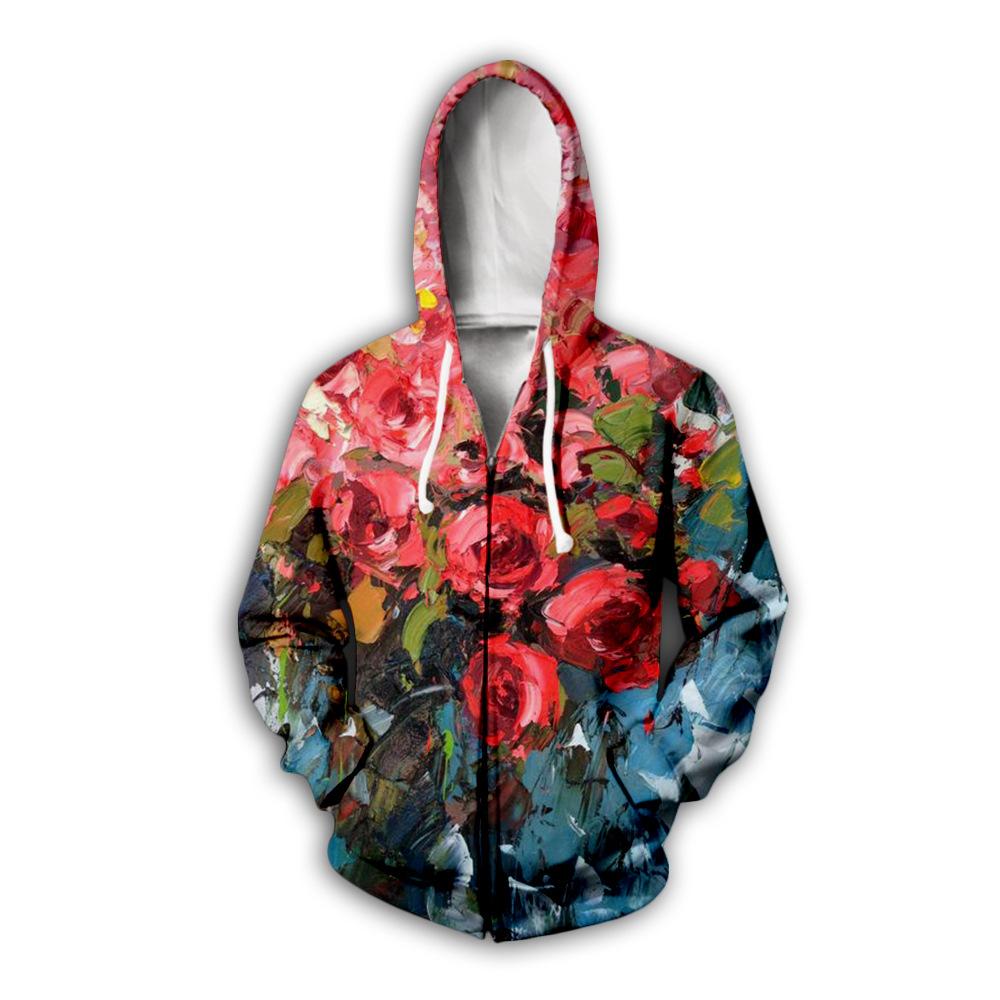 Çiçekli Desenli 3D Baskılı Fermuarlı Kapüşonlular Erkek Sonbahar Kapüşonlu Sweatshirtler Oversize Sokak Giyim Eşofman Takımı Mont Erkek Giyim