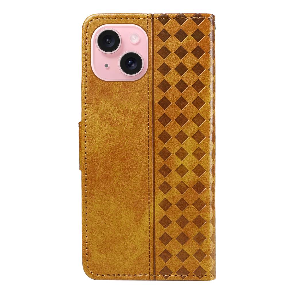 For iPhone 15 Leather Case Wallet Stand Grids Imprinted Phone Cover with Strap