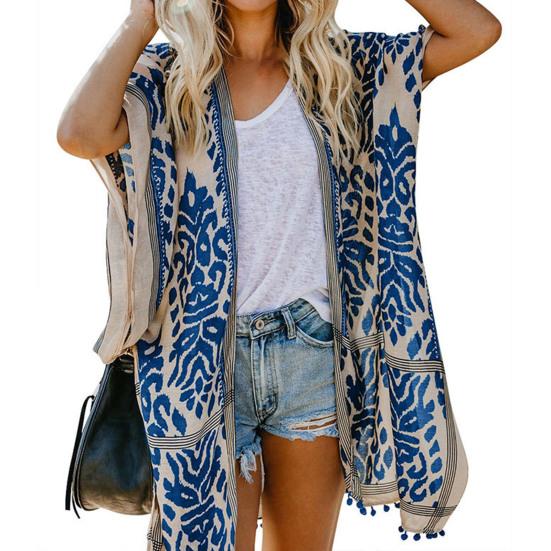 Tassle Ball Sun Protection Swimsuit Cardigan Half Sleeve Women Boho Printed Beach