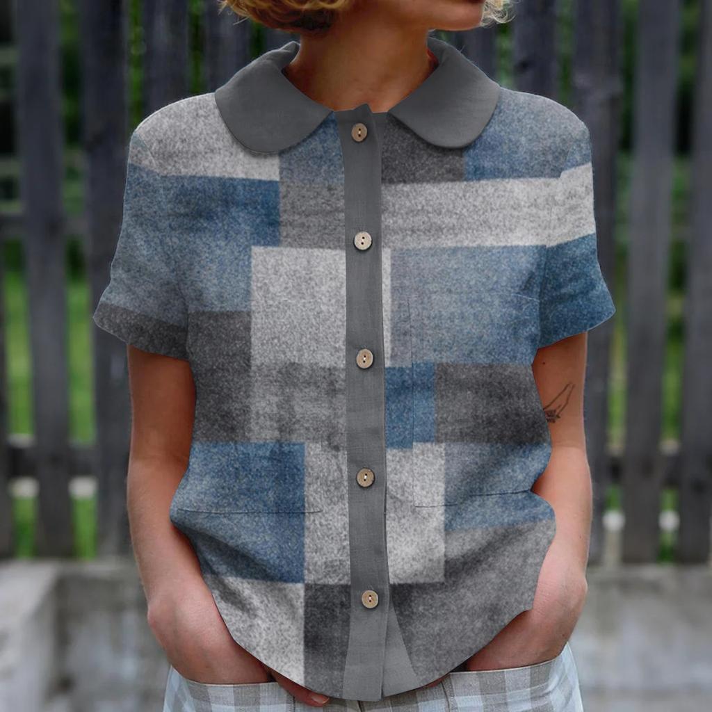 Women's Casual Fashionable Printing O Neck Button Short Sleeved Top
