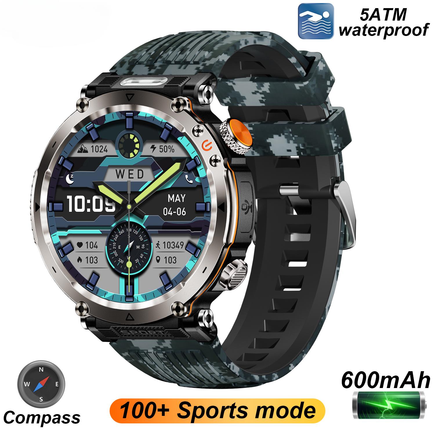 

2025 Новые 5ATM Уличные Смарт-часы Мужские 600 мАч Светодиодный Фонарик Смарт-часы Компас Bluetooth Звонок Пульс IP 68 Спортивные Смарт-часы Blue camouflage-Silicone