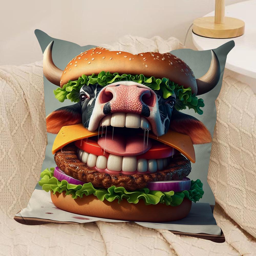 Fun Animal Burgers MEME Cushion Cover Silky Short Plush Invisible Zipper Dustproof Sofa Pillow Case For Home Decor