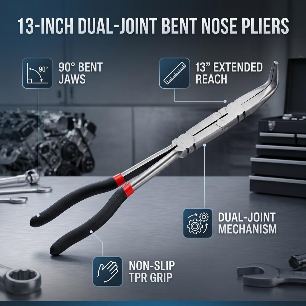 Extra Long Curved Nose Pliers 13 Inch 90 Degree Bent Nose Dual Joint Mechanism Extended Reach Pliers with Serrated Jaw