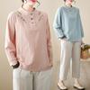WoMan's Spring and Summer Cotton  Linen Tops Loose Retro Bottoming Shirt  Embroidered Flower Stand-up Collar Half-open Long-sleeved Shirt