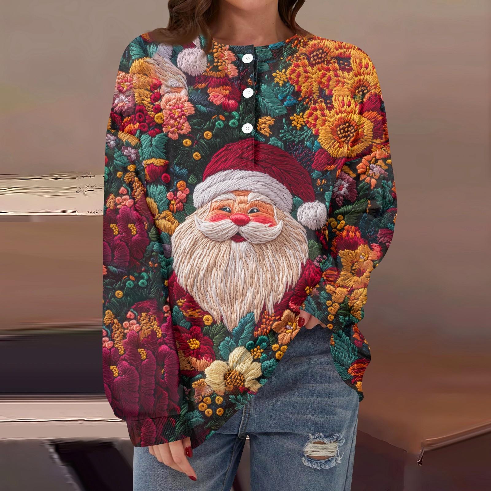 

Женская повседневная мода, удобная рождественская футболка с длинным рукавом, круглым вырезом, пуговицами, свободным подолом и боковыми разрезами XL арбуз красный