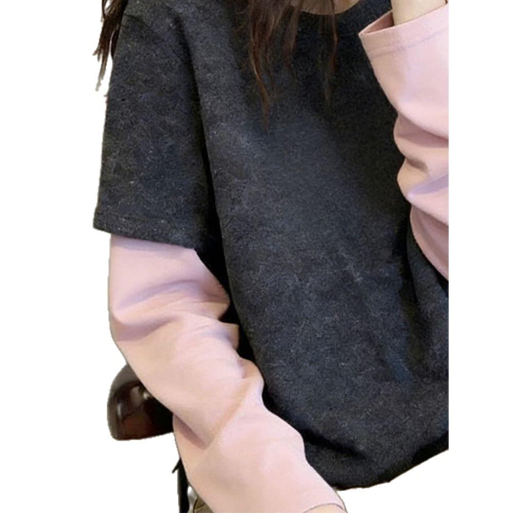 Women's Color Block Patchwork Fleece Long Sleeve T-Shirt - Spring, Autumn, Winter Versatile Slimming Base Layer Top