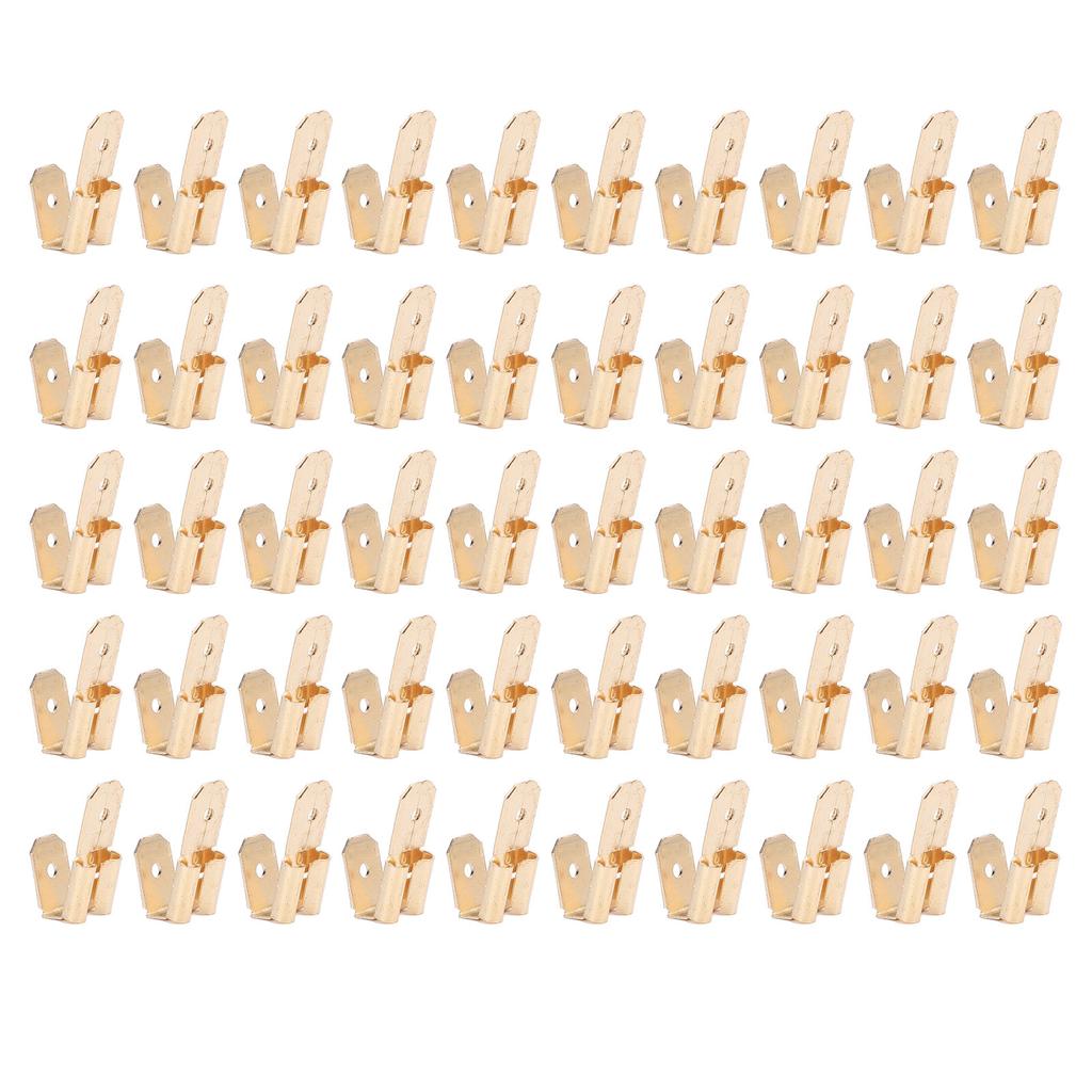 50Pcs Piggyback Spade Connectors Brass 6.35mm Double Headed Plug 3 Way Wire Connector Gold