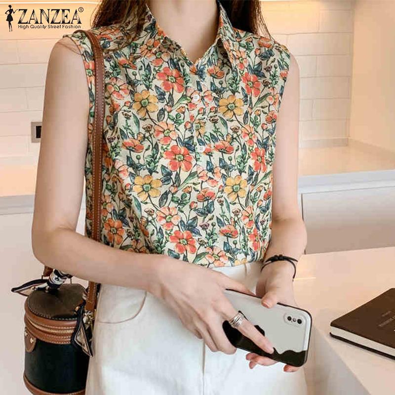 ZANZEA Women Casual Turn Down Collar Summer Floral Print Sleeveless Blouse