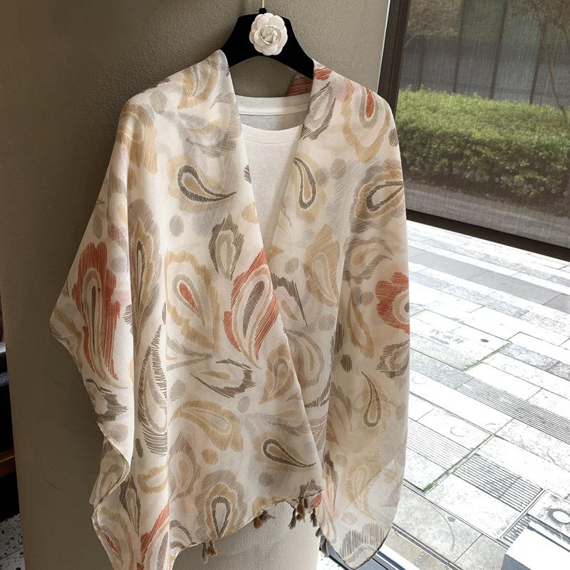 Old Qian Feng Cashew Nut Silk Scarf Women'S Spring, Autumn Winter Collocation Baotou Neck Protector Hanging Beard Ethnic Style Scarf Cardigan Shawl