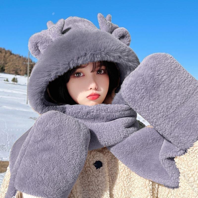 Cute capybara hat scarf gloves integrated women's winter windproof warm plush three-piece hat