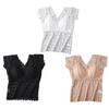 Women Lace Top Mesh Sheer Short Sleeve V Neck Undershirt with Padded Bra Floral