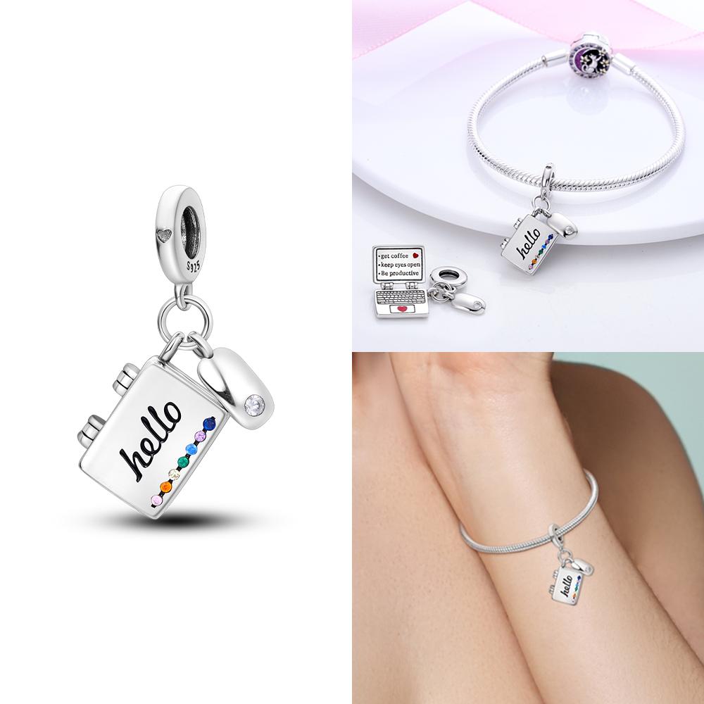 Original Copper Charms Pink Beads Smart Watch Bike Car Travel Dangle Fit Bangle Bracelet Diy Jewelry For Woman Fine Gift