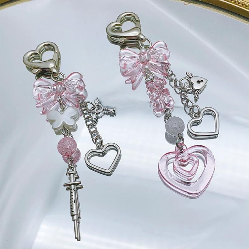 Elegant Bowknot Bead Heart Keyring Pendant Keychain Accessory Charm for Women