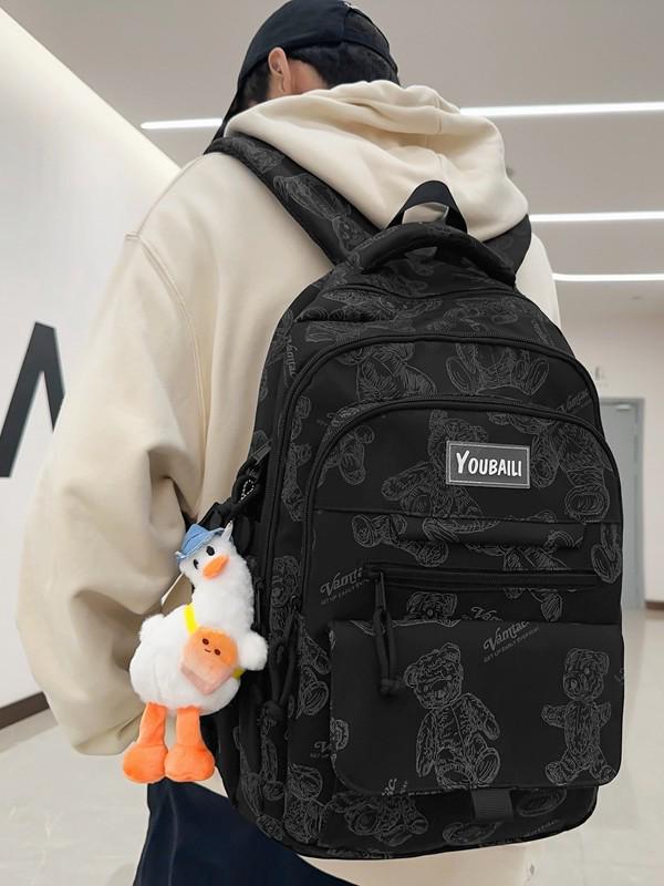 Large Capacity Bear Print Backpack for Students - Perfect for Middle, High School, and University Girls.