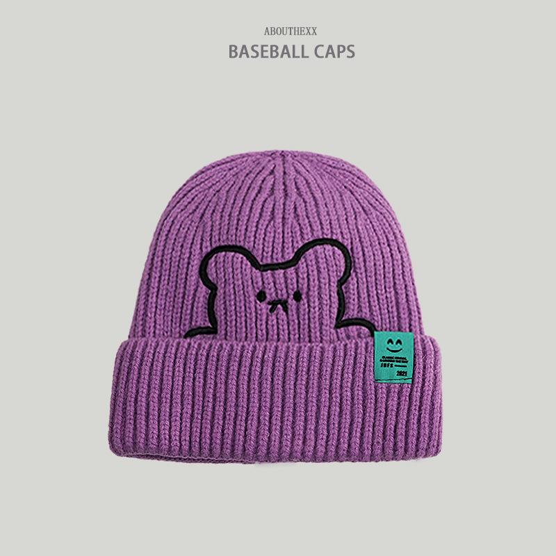 Hats for Women's Autumn and Winter New Bear Embroidered Knitted Hat Korean Style Versatile Wool Hat Couple Smiling Cloth Label Cold Hat Men