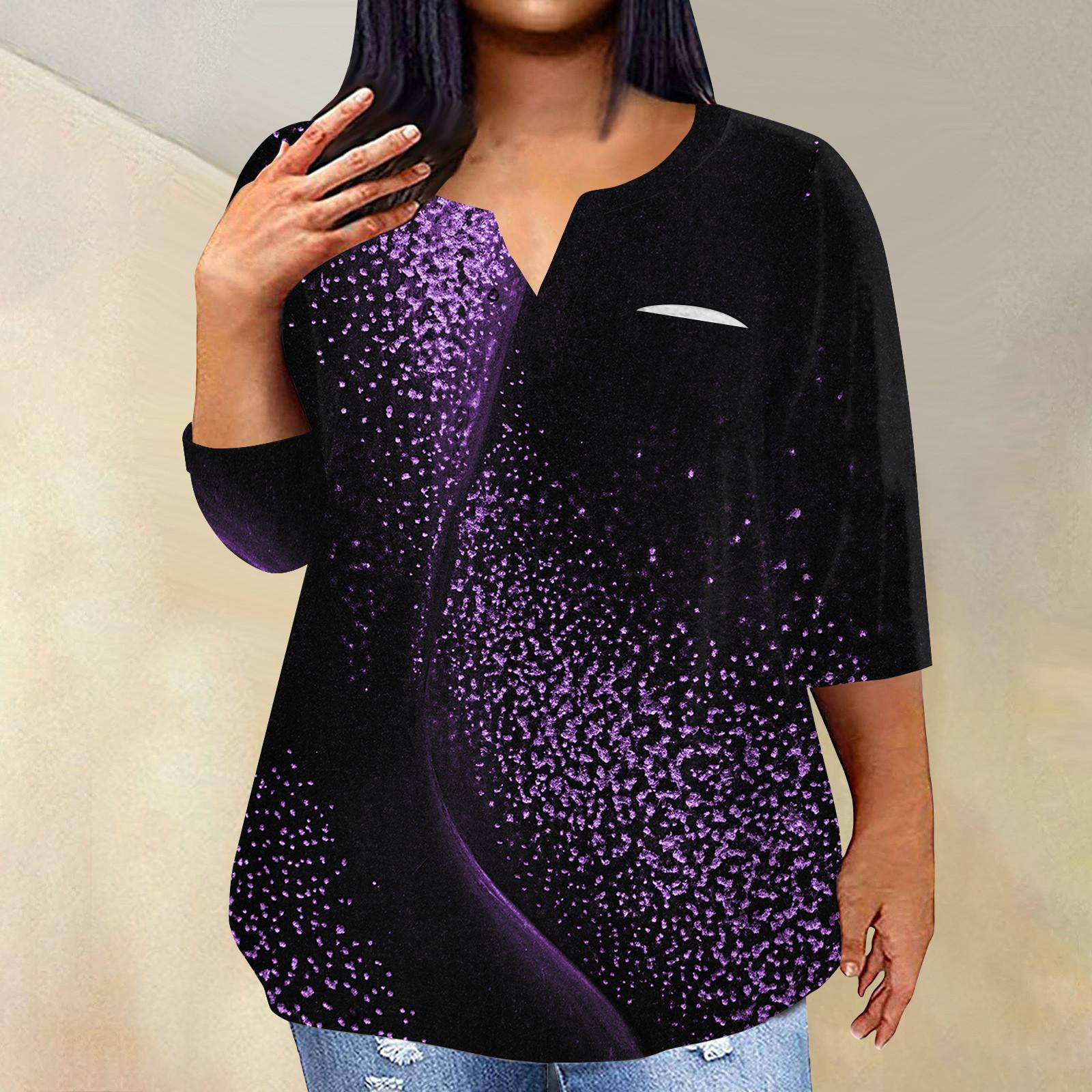 

Жіночий модний повсякденний пуловер з принтом і V-подібним вирізом з рукавом три чверті та рукавом 4/3 XXXXL фіолетовий