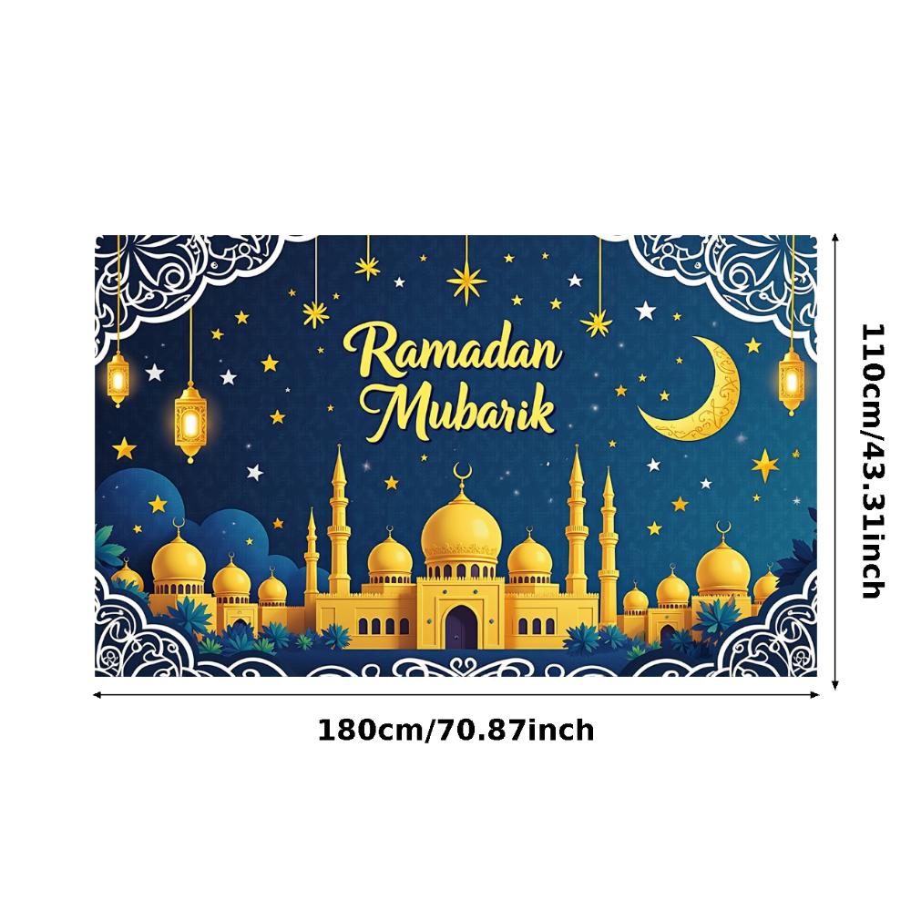 Crescent Moon Banner Blue Background Ramadan Mubarak Banner Ramadan Party Polyester Material Islamic Decoration For Holiday