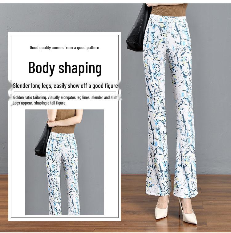 2024 Floral Plaid Elastic Waist Slimming Micro Flare Women's Pants