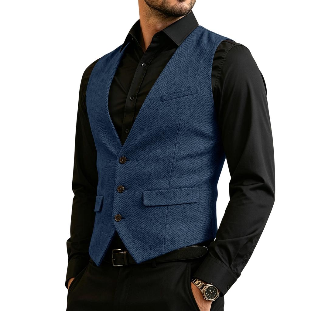 Herren Business Weste Slim Fit Formale Weste Knopfleiste Anzugweste mit Mehreren Taschen für Büro und Freizeit
