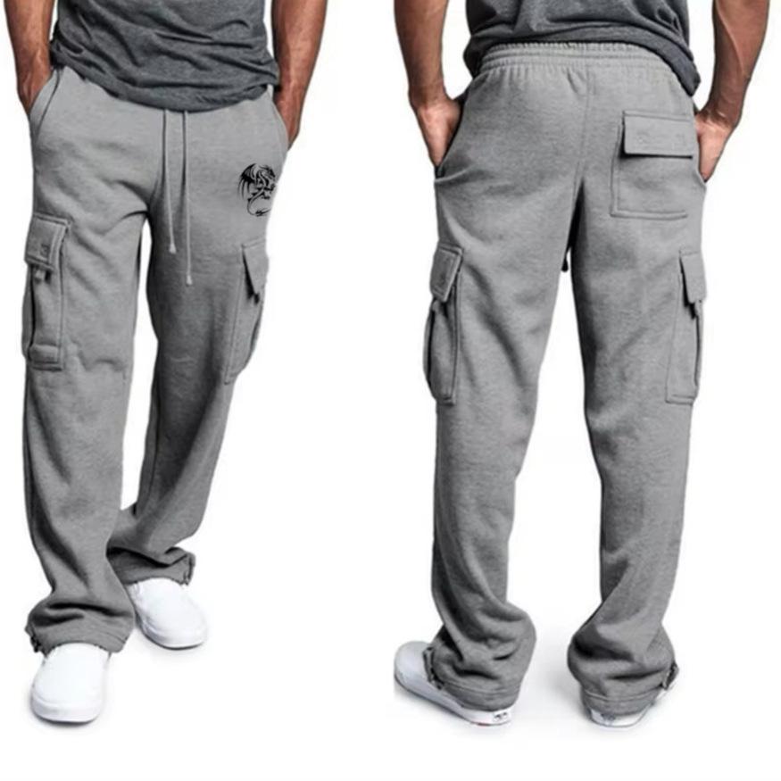 

Новий чоловічий прямий дизайн, нішевий комбінезон, штани спортивного кежуал стилю з куліскою та багатьма кишенями 5XL світло-сірого кольору