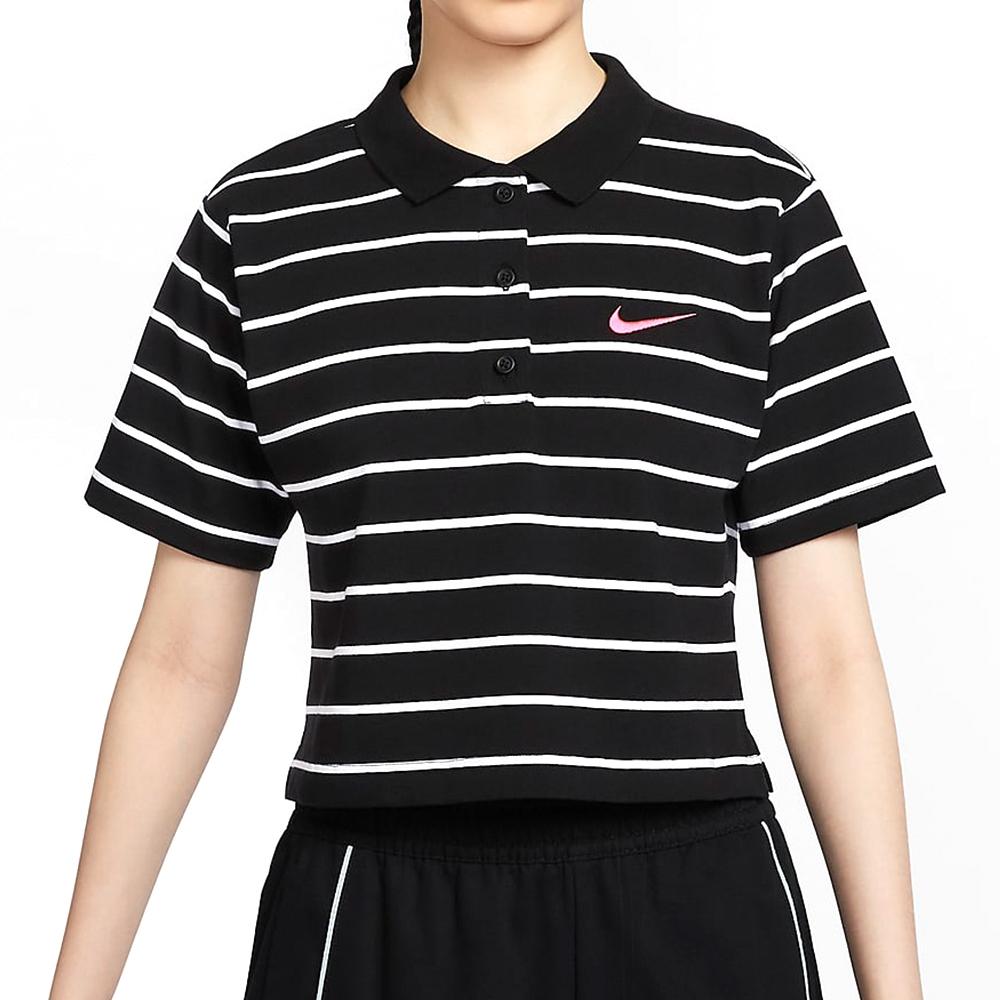Nike Sportswear Small Logo Embroidered Color Block Striped Comfortable Casual Short Sleeve Polo Shirt Women Polo Shirts Black HM4649-010