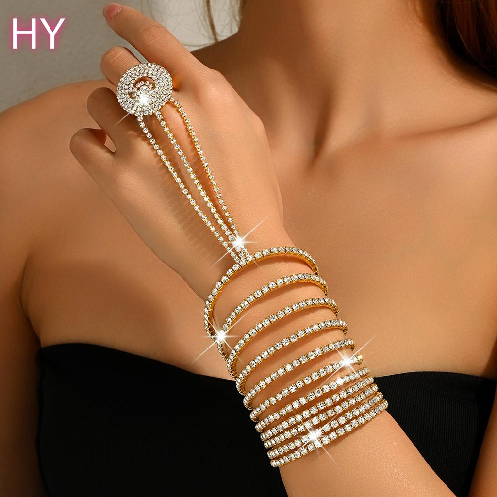 HY Women's Gold Plated Multi-Layer Rhinestone Finger for Bracelet Shiny Diamond Accent for Latin Dance Ballroom Belly Dance