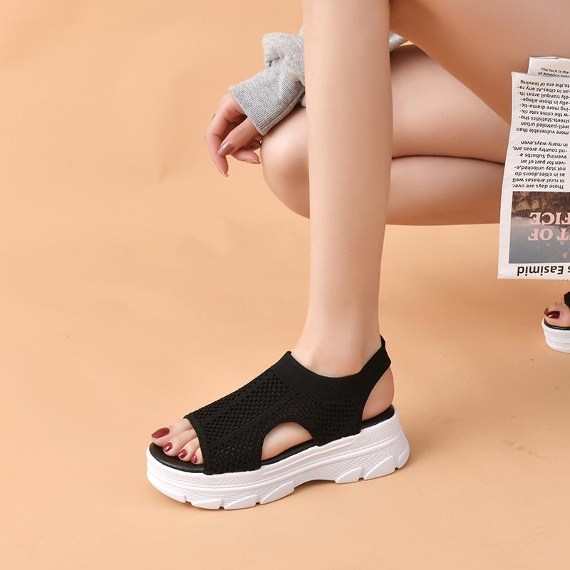 European and American knitted elastic band platform sandals women's 2024 summer new foot cover and one pedal fish mouth sandals