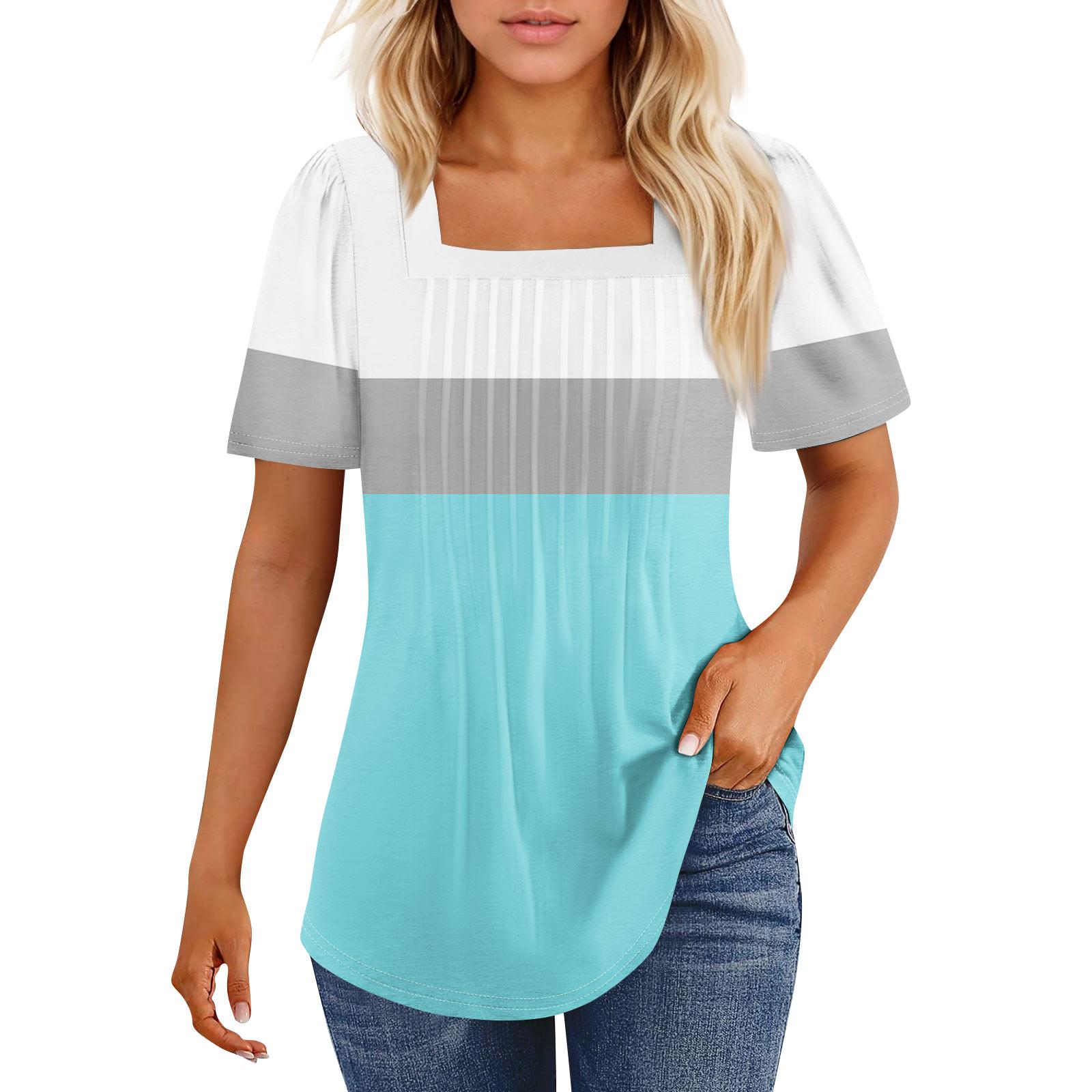 

Футболки для женщин, плиссированные, с квадратным вырезом, нарядные, повседневные, блузки с принтом, с коротким рукавом, летние топы свободного кроя L синий