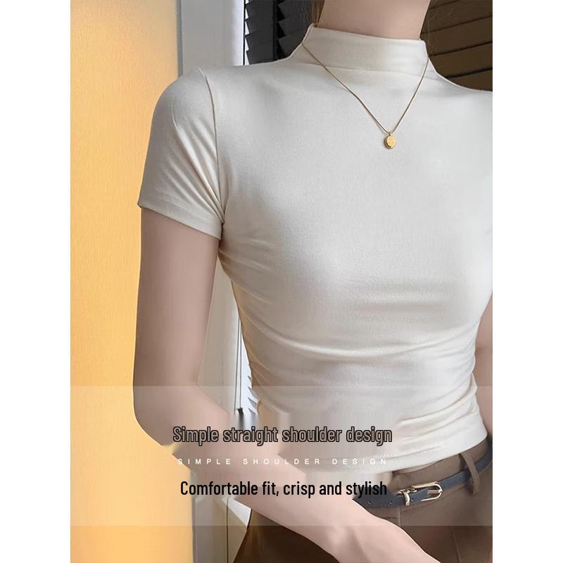 La Chapelle Women's Slim Fit Semi-High Collar Short Sleeve T-Shirt