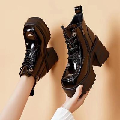 Bottes d'hiver pour femmes, nouvelles bottes à la mode, bout carré, talon épais, lacets, couleur unie, brillantes, talon super haut, bottes courtes pour femmes, 2024