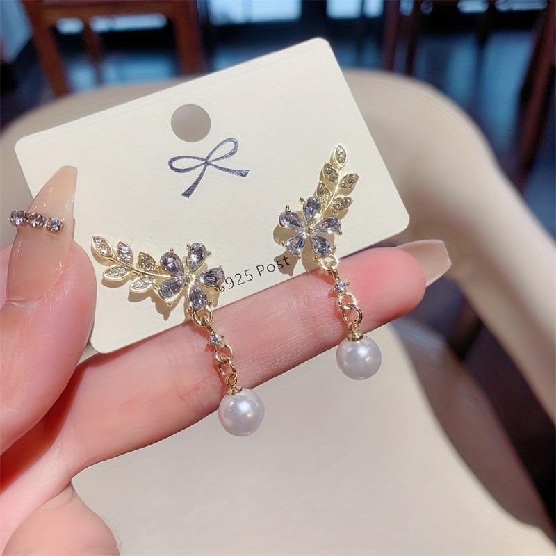 1 Pair Elegant Zircon Tassel Earrings Luxurious Pearl Flower Design Women Fashion Temperament Personal Pendant Jewelry Earrings