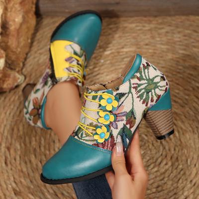 Fashion 2025 New Women Ankle Boots Mixed Colors Flower Side Zipper Women Shoes Printed High Heels Shoes Autumn/Winter Retro Boots Women